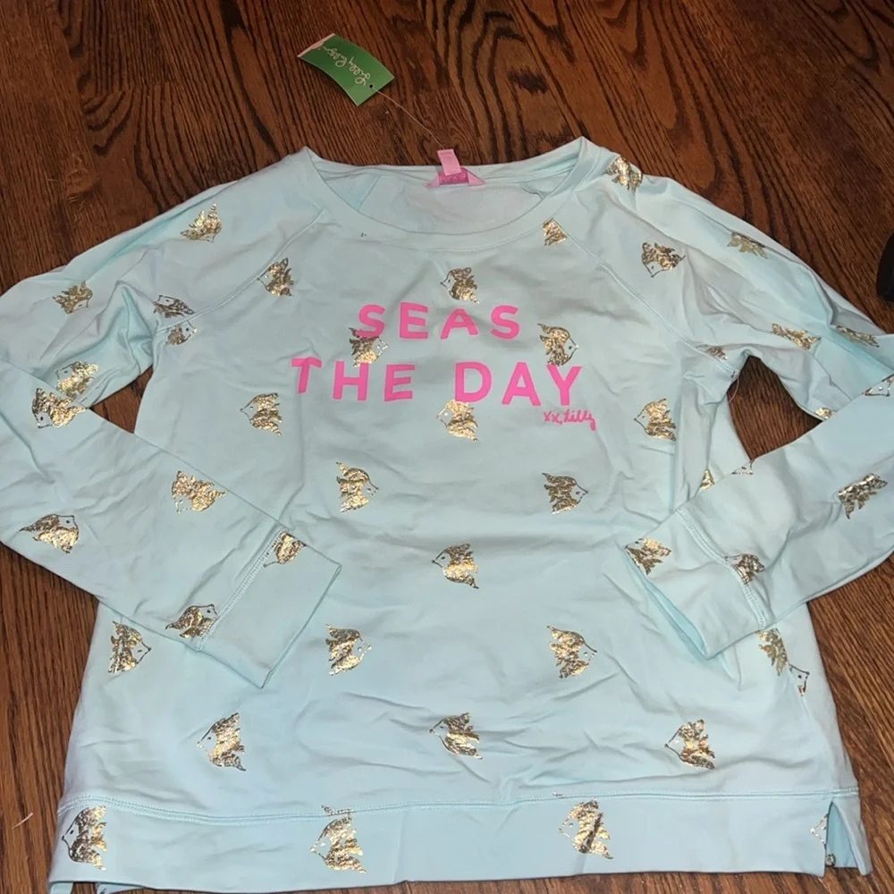 Lilly Pulitzer Braydon Pullover Pink Sunset Seas the Day Graphic Blue Size M NWT